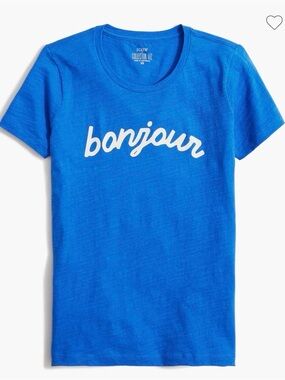 J. Crew Bright Blue 'Bonjour' Graphic Collector Tee size L, 100% Cotton